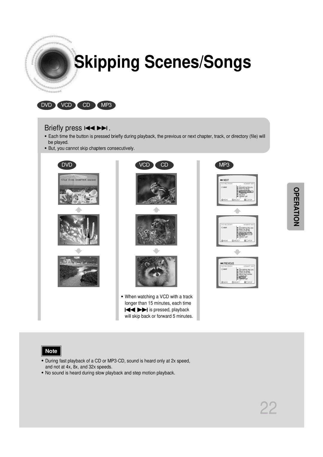 Samsung HT-DB1650, HT-DB350 instruction manual Skipping Scenes/Songs, Briefly press 