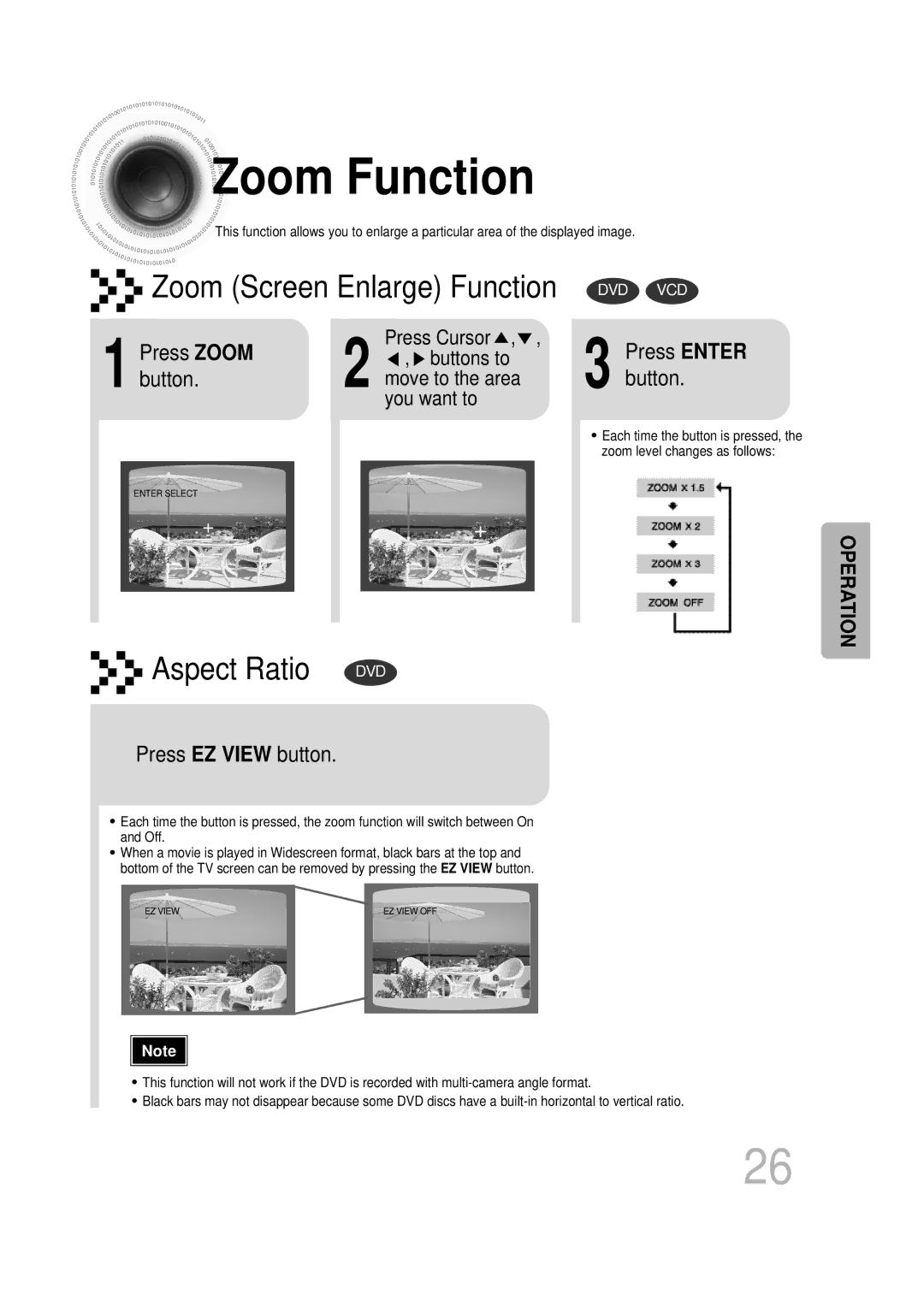 Samsung HT-DB1650, HT-DB350 instruction manual Zoom Function, Press Zoom, Button, Press EZ View button 