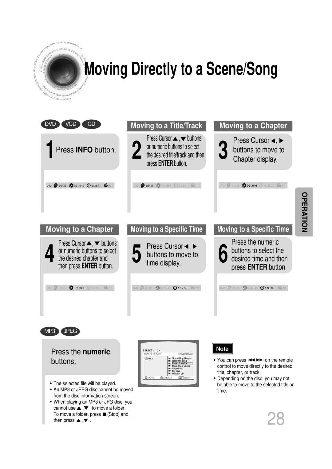 Samsung HT-DB1650, HT-DB350 1Press Info button, Press Cursor , buttons, Time display, Chapter display, Press the numeric 