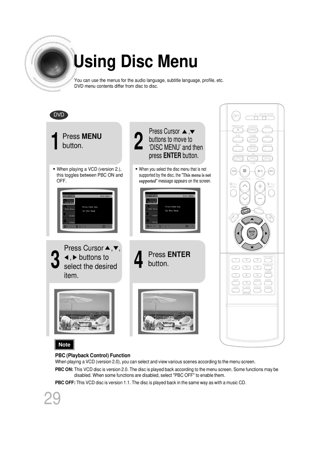 Samsung HT-DB350 Using Disc Menu, Press Cursor Buttons to Press Enter, Select the desired, PBC Playback Control Function 