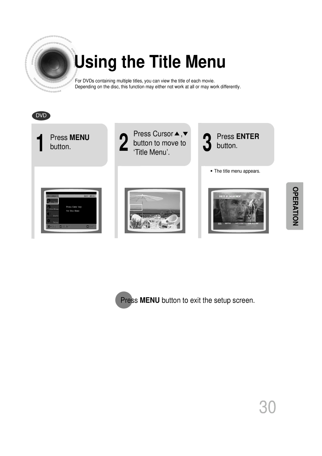 Samsung HT-DB1650, HT-DB350 instruction manual Using the Title Menu, Press Menu, Button to move to, Button ‘Title Menu’ 