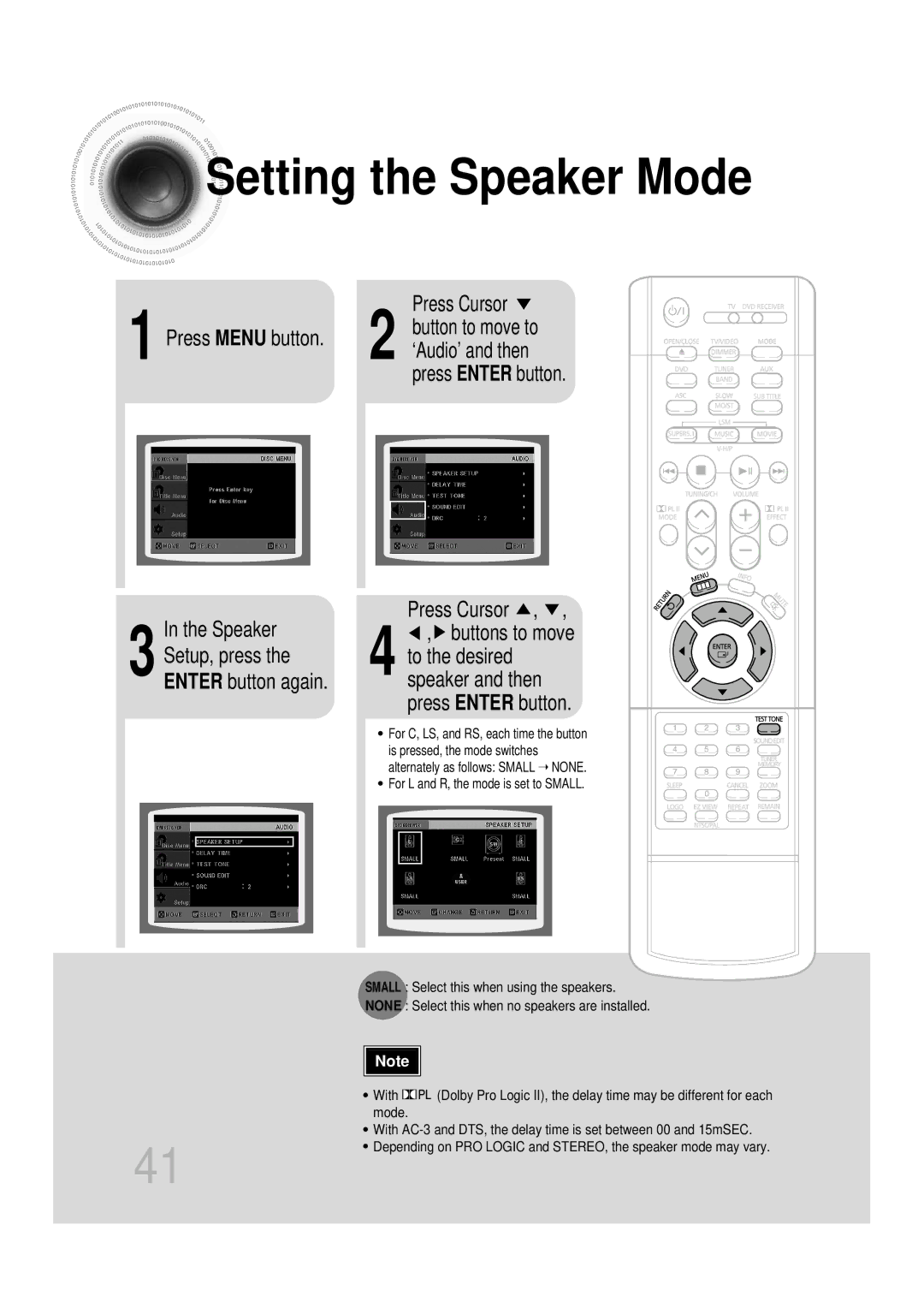 Samsung HT-DB350, HT-DB1650 Setting the Speaker Mode, Press Enter button Press Cursor, Speaker and then press Enter button 