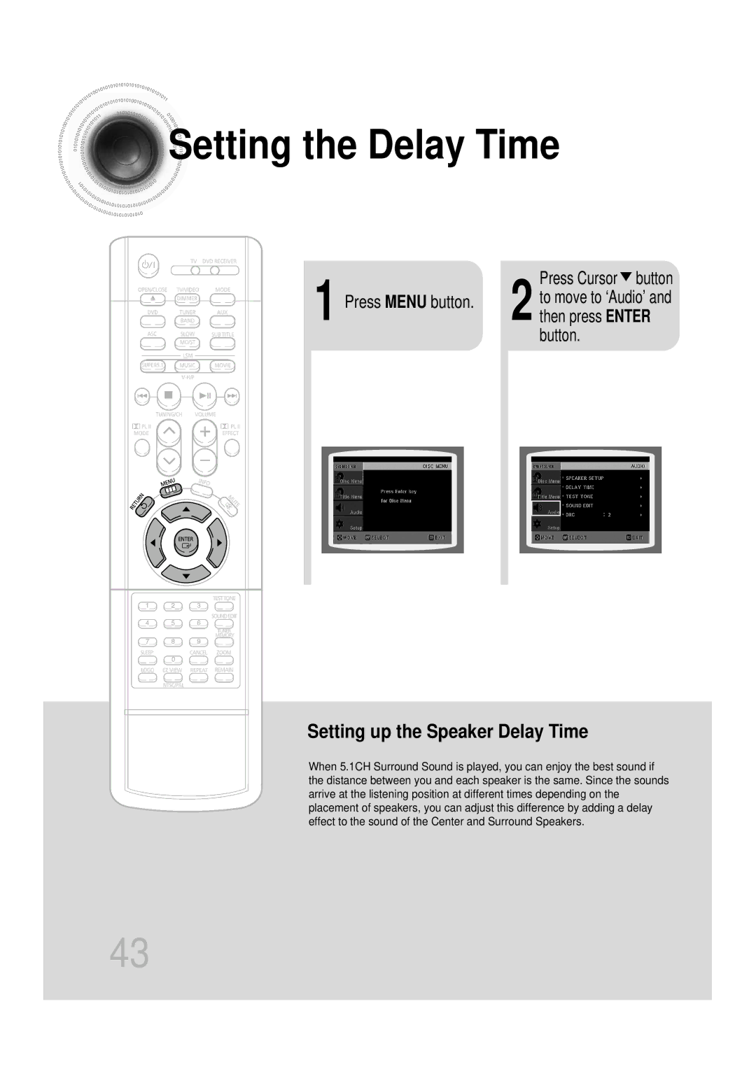 Samsung HT-DB350 Setting the Delay Time, Press Cursor button, Press Menu button to move to ‘Audio’ and then press Enter 