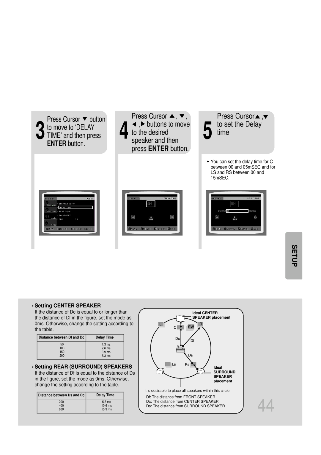 Samsung HT-DB1650, HT-DB350 Time, 3to move to ‘DELAY TIME’ and then press Enter button, Setting Center Speaker 