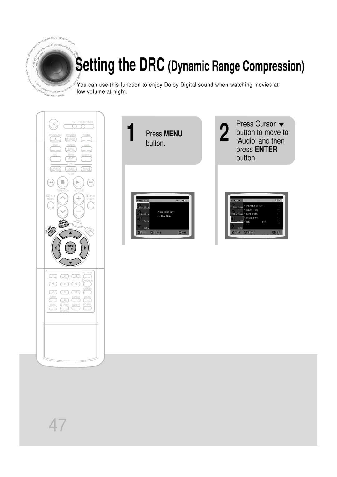 Samsung HT-DB350, HT-DB1650 instruction manual Setting the DRC Dynamic Range Compression 