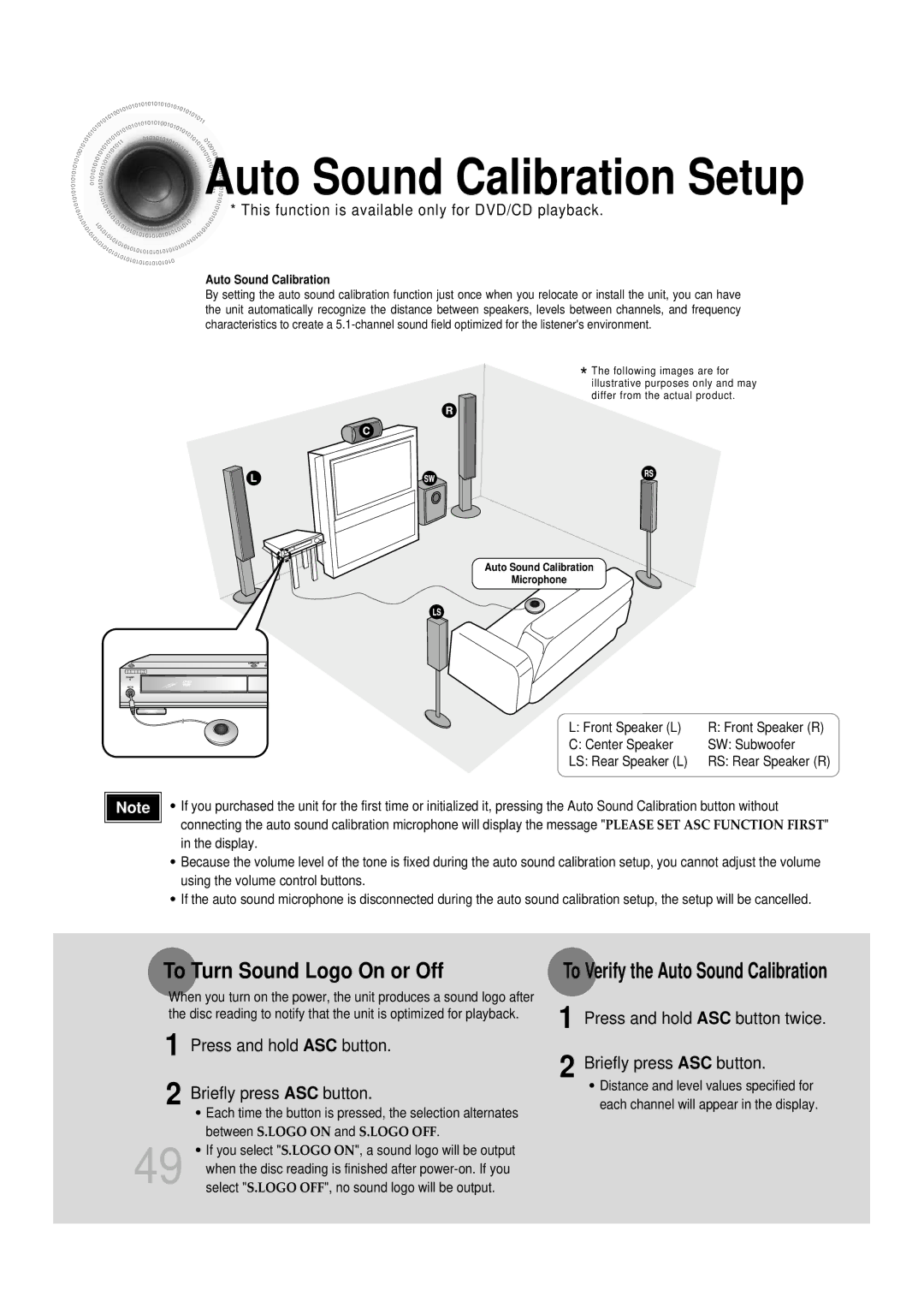 Samsung HT-DB350, HT-DB1650 To Turn Sound Logo On or Off, Press and hold ASC button Briefly press ASC button 