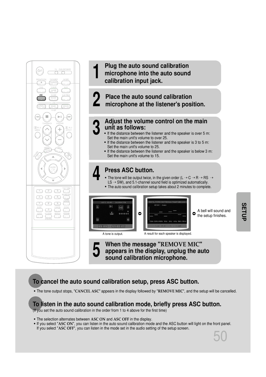 Samsung HT-DB1650 Plug the auto sound calibration, Adjust the volume control on the main Unit as follows, Press ASC button 