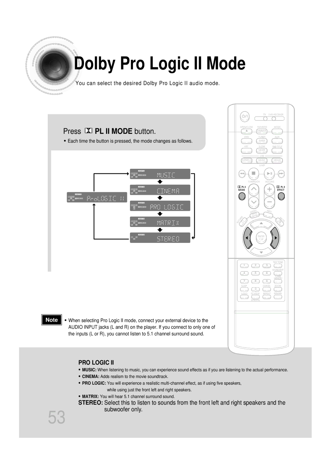 Samsung HT-DB350, HT-DB1650 instruction manual Dolby Pro Logic II Mode, Press PL II Mode button 