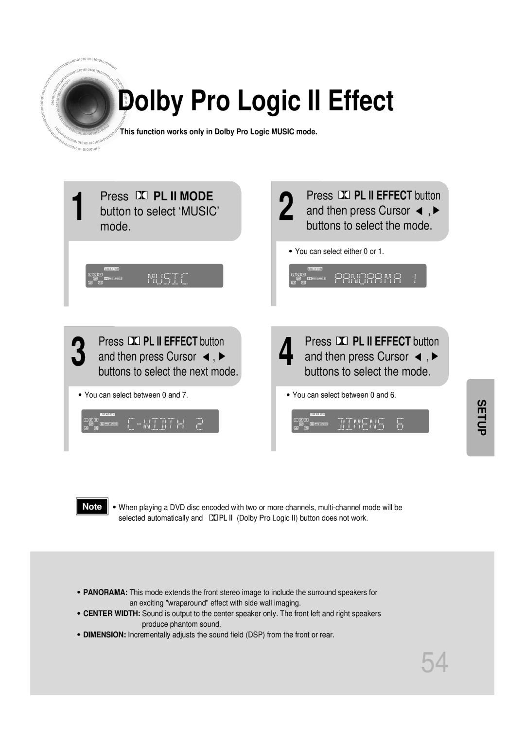 Samsung HT-DB1650 Dolby Pro Logic II Effect, Press PL II Mode, Button to select ‘MUSIC’ mode, Press PL II Effect button 