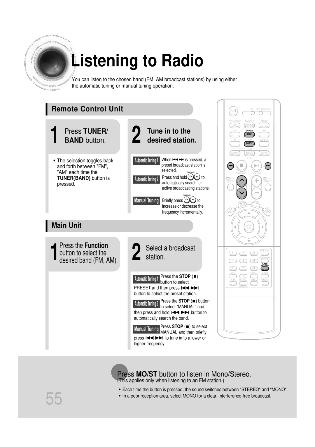 Samsung HT-DB350, HT-DB1650 instruction manual Listening to Radio, Remote Control Unit Press Tuner, Band button, Main Unit 