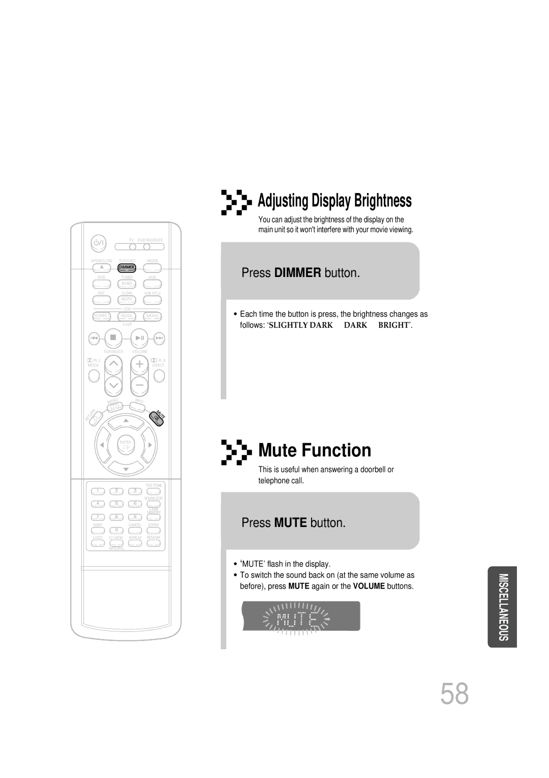 Samsung HT-DB1650, HT-DB350 instruction manual Press Dimmer button, Press Mute button 