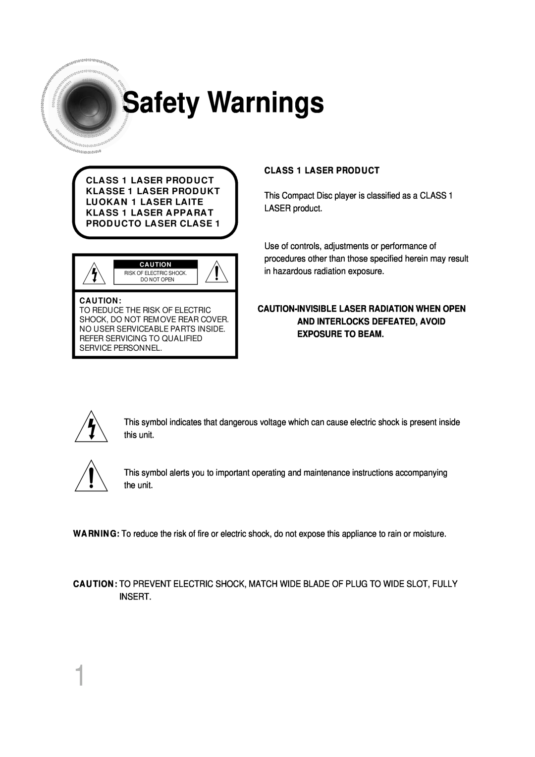 Samsung HT-DB350, HT-DB1650 instruction manual SafetyWarnings, CLASS 1 LASER PRODUCT 