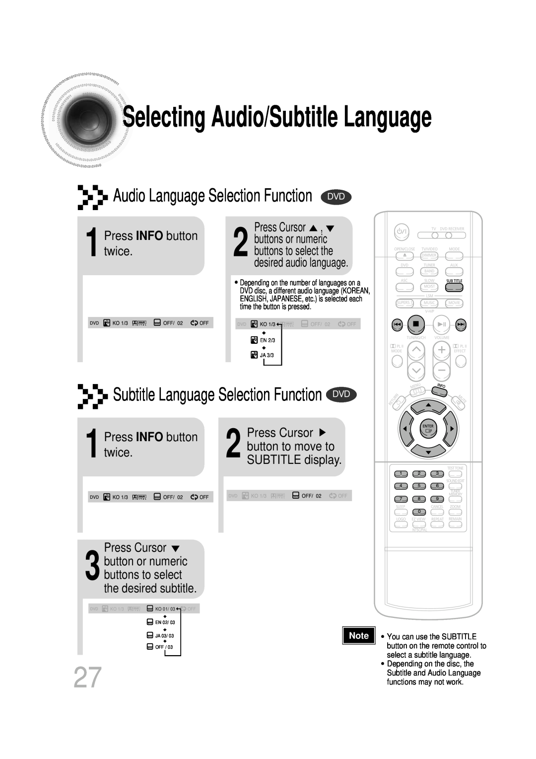 Samsung HT-DB350 SelectingAudio/Subtitle Language, Audio Language Selection Function DVD, 1Press INFO button twice, KO 1/3 