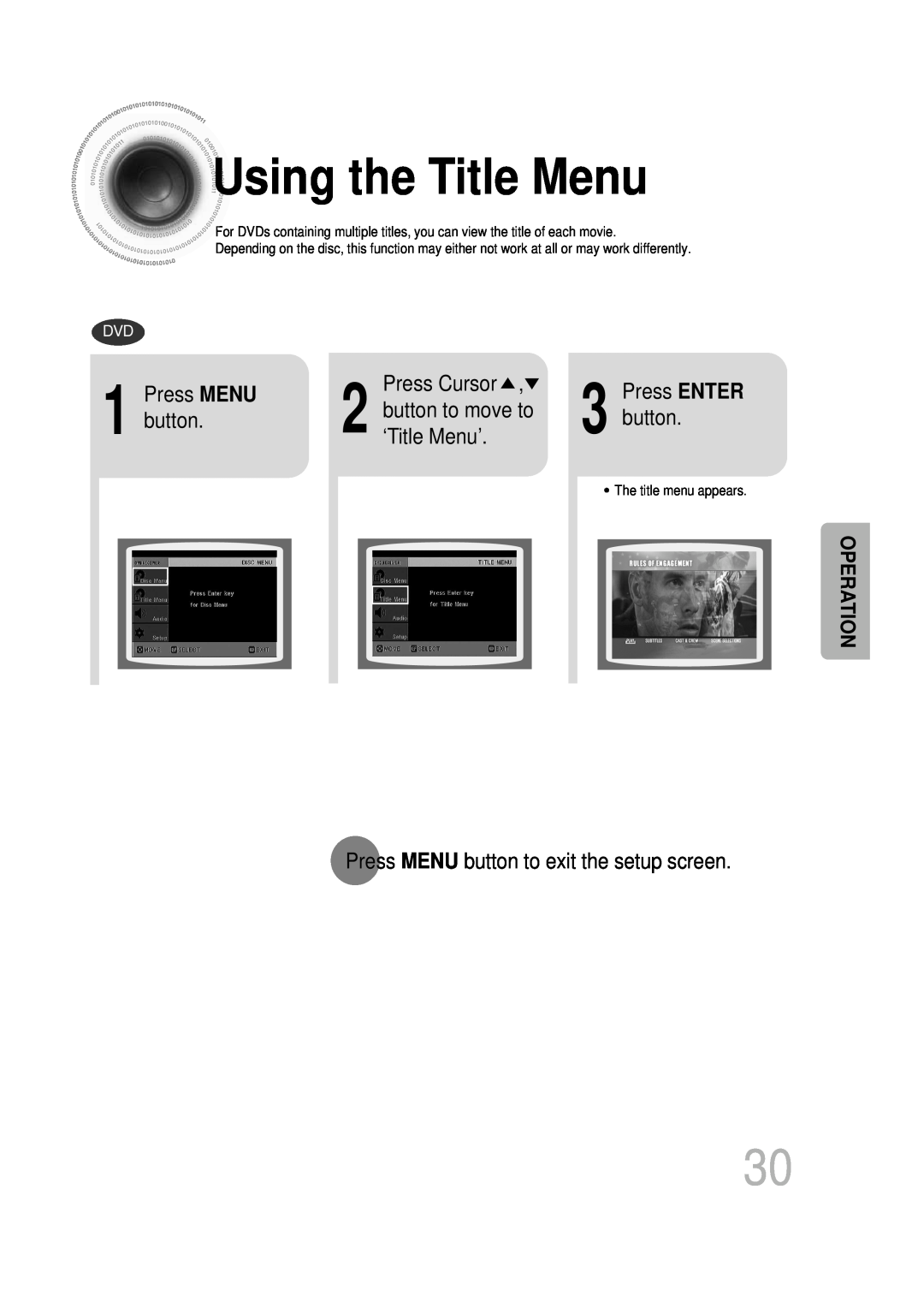Samsung HT-DB1650 Usingthe Title Menu, Press MENU, button to move to, ‘Title Menu’, Press Cursor, Press ENTER, Operation 