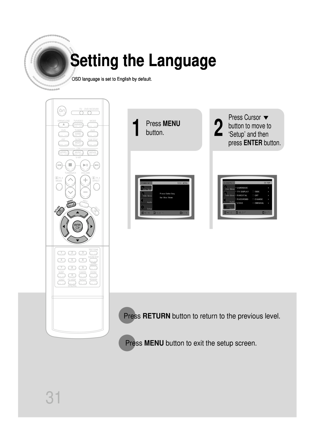 Samsung HT-DB350 Settingthe Language, press ENTER button, Press MENU button to exit the setup screen, Press Cursor 