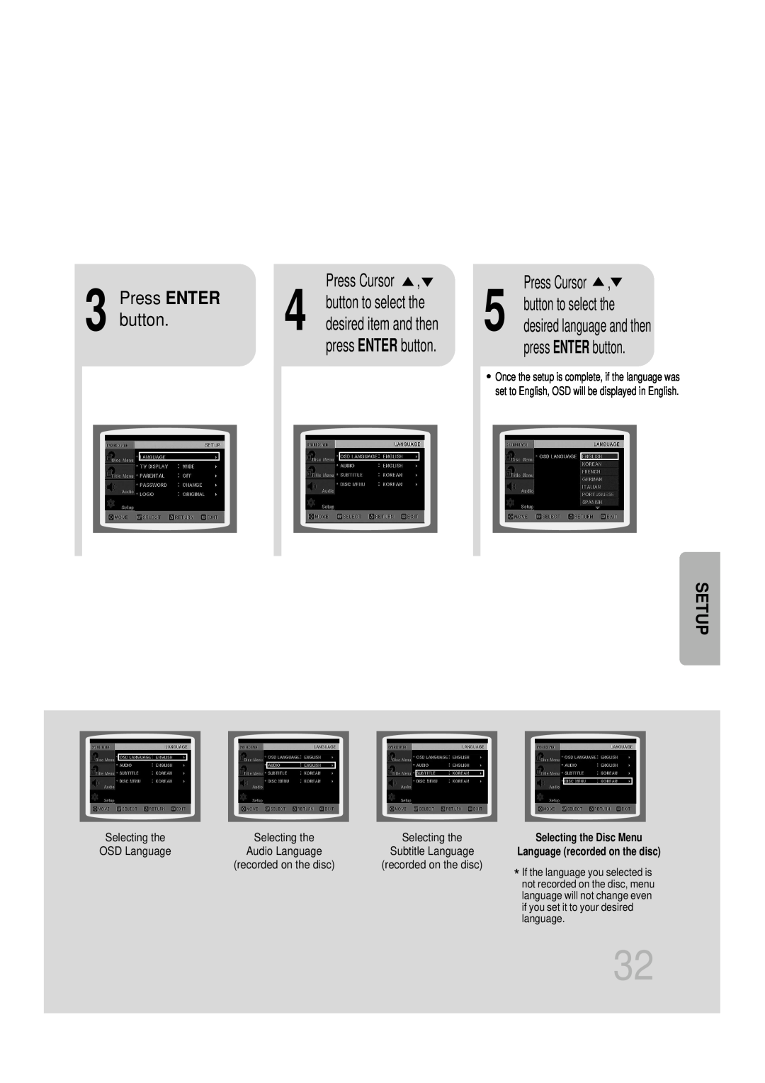 Samsung HT-DB1650 Press ENTER, Press Cursor, button to select the, desired item and then, press ENTER button, Setup 