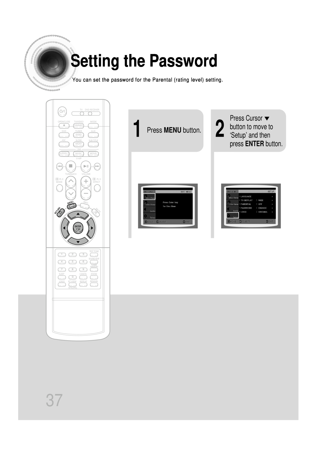 Samsung HT-DB350, HT-DB1650 instruction manual Setting the Password, 1 2 button to move to Press MENU button, Press Cursor 