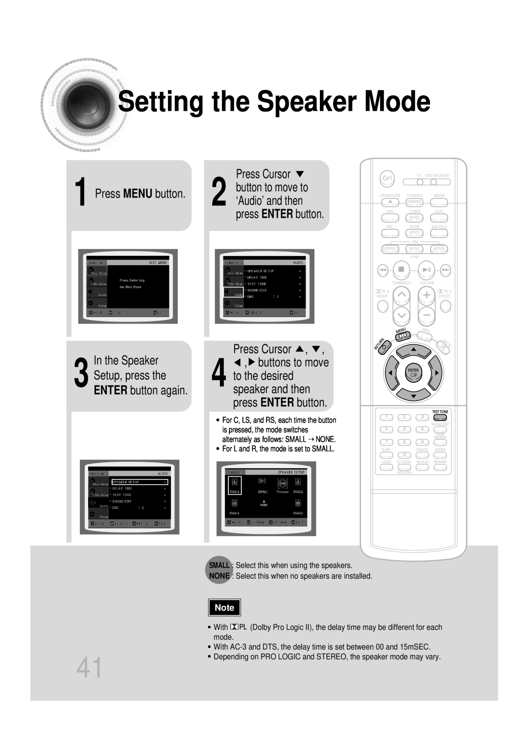 Samsung HT-DB350, HT-DB1650 Settingthe Speaker Mode, In the Speaker, press ENTER button Press Cursor, Press MENU button 