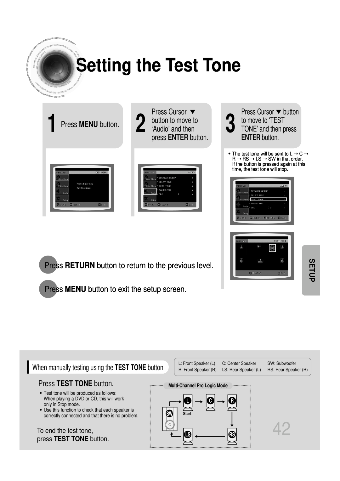 Samsung HT-DB1650 Settingthe Test Tone, ‘Audio’ and then, Press TEST TONE button, Press MENU button, Press Cursor, Setup 