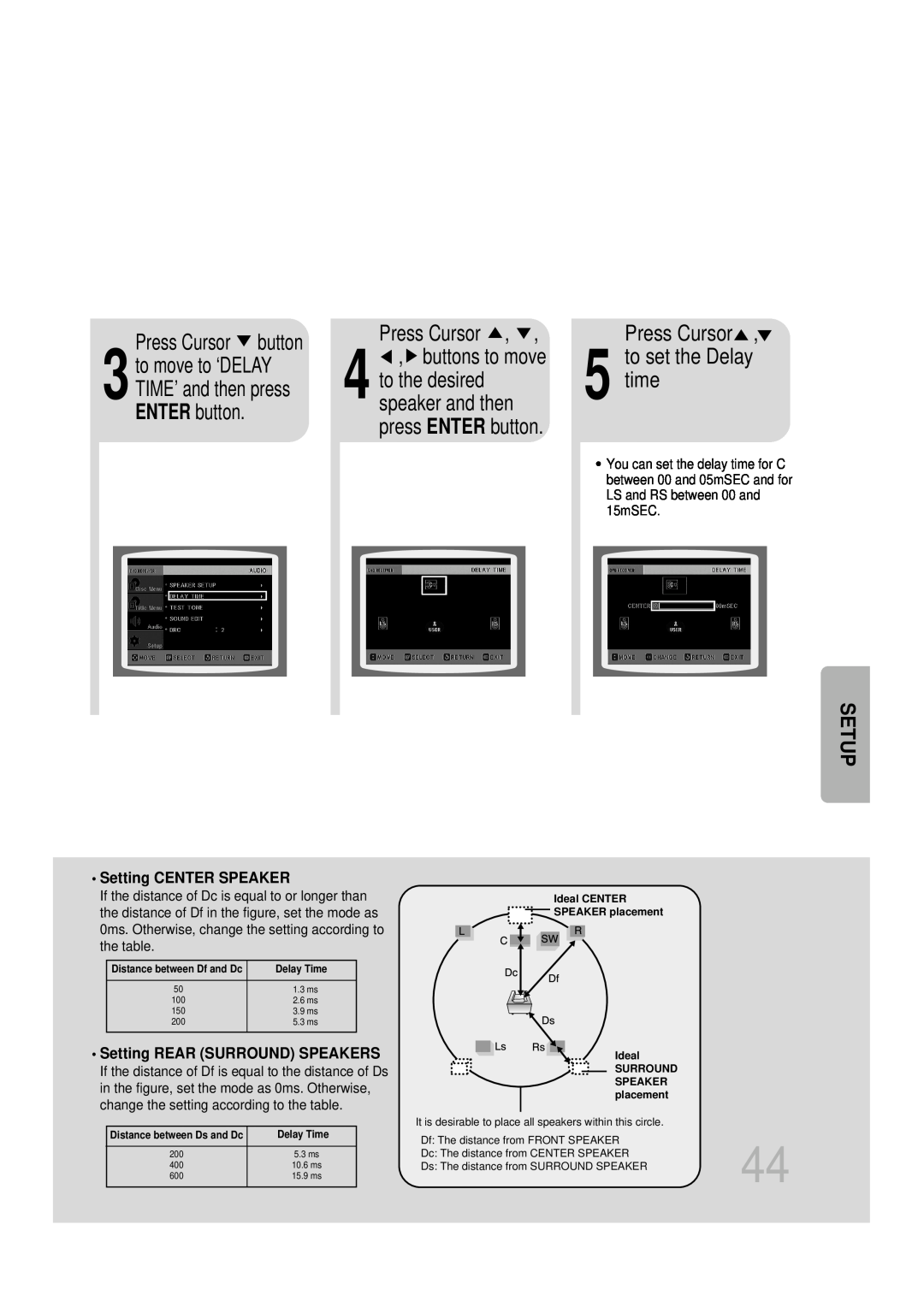 Samsung HT-DB1650, HT-DB350 instruction manual time, Press Cursor button, Press Cursor,5 to set the Delay, Setup 