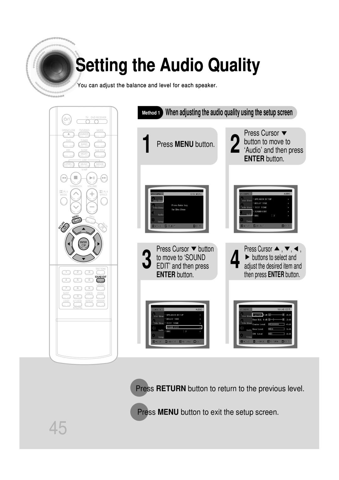 Samsung HT-DB350, HT-DB1650 instruction manual Settingthe Audio Quality, ENTER button, Press Cursor button 