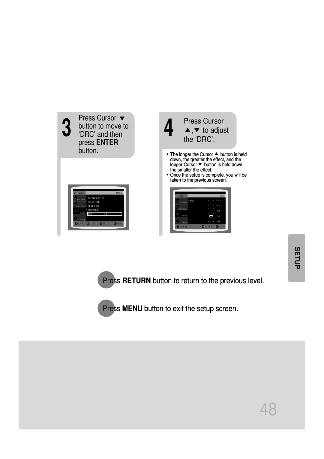 Samsung HT-DB1650, HT-DB350 Press MENU button to exit the setup screen, ‘DRC’ and then press ENTER button, Setup 