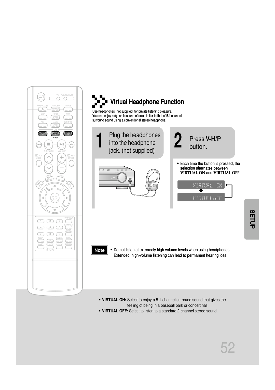 Samsung HT-DB1650 Virtual Headphone Function, Plug the headphones, button, Press V-H/P, Setup, VIRTUAL ON and VIRTUAL OFF 