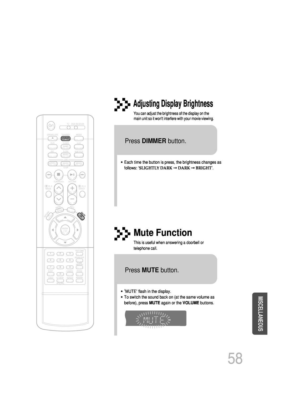 Samsung HT-DB1650 Mute Function, Press DIMMER button, Press MUTE button, Adjusting Display Brightness, Miscellaneous 