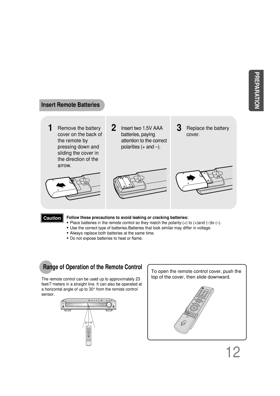 Samsung HT-DB390 instruction manual Insert Remote Batteries, Range of Operation of the Remote Control 