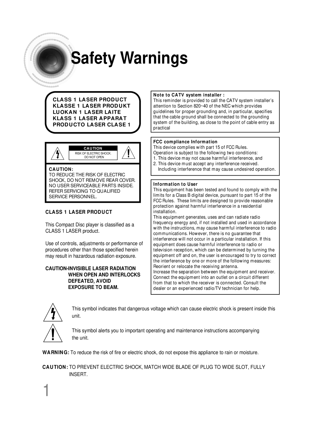 Samsung HT-DB390 instruction manual Safety Warnings, Class 1 Laser Product 