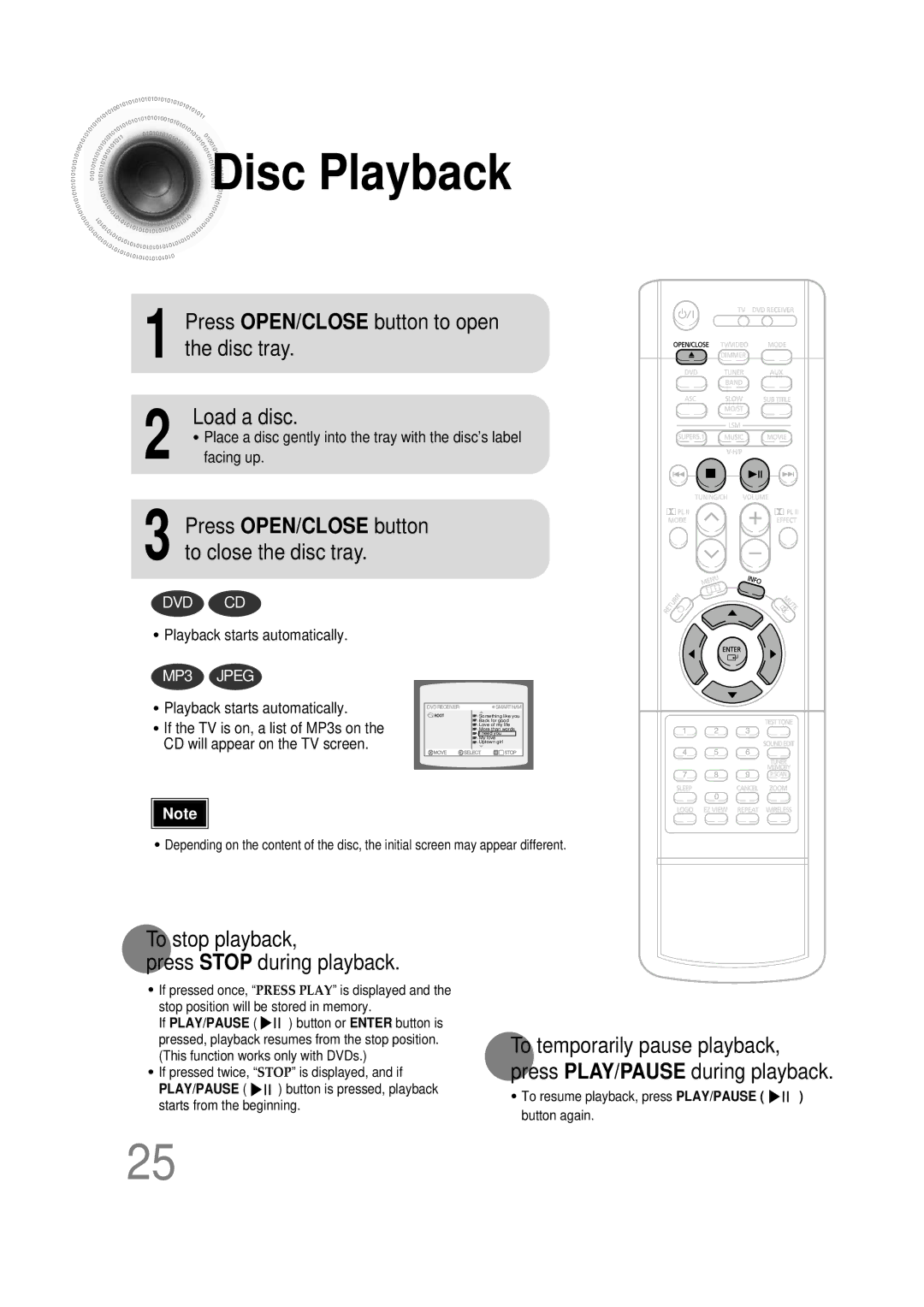 Samsung HT-DB390 instruction manual Disc Playback, Press OPEN/CLOSE button to open the disc tray Load a disc 