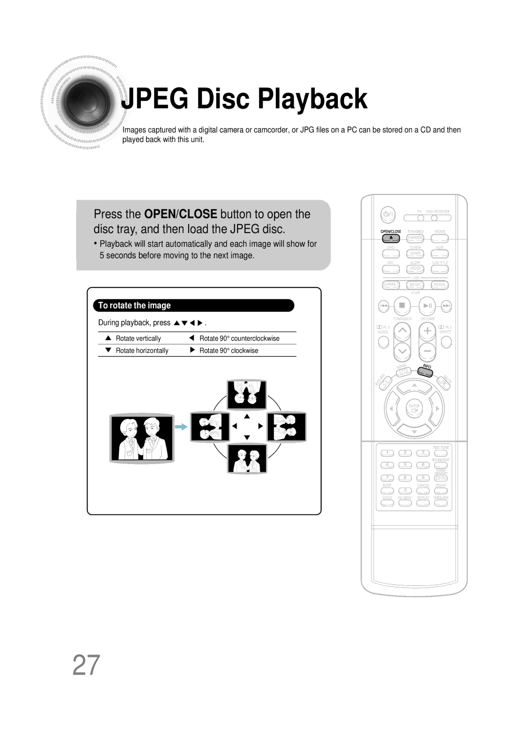 Samsung HT-DB390 instruction manual Jpeg Disc Playback, To rotate the image 