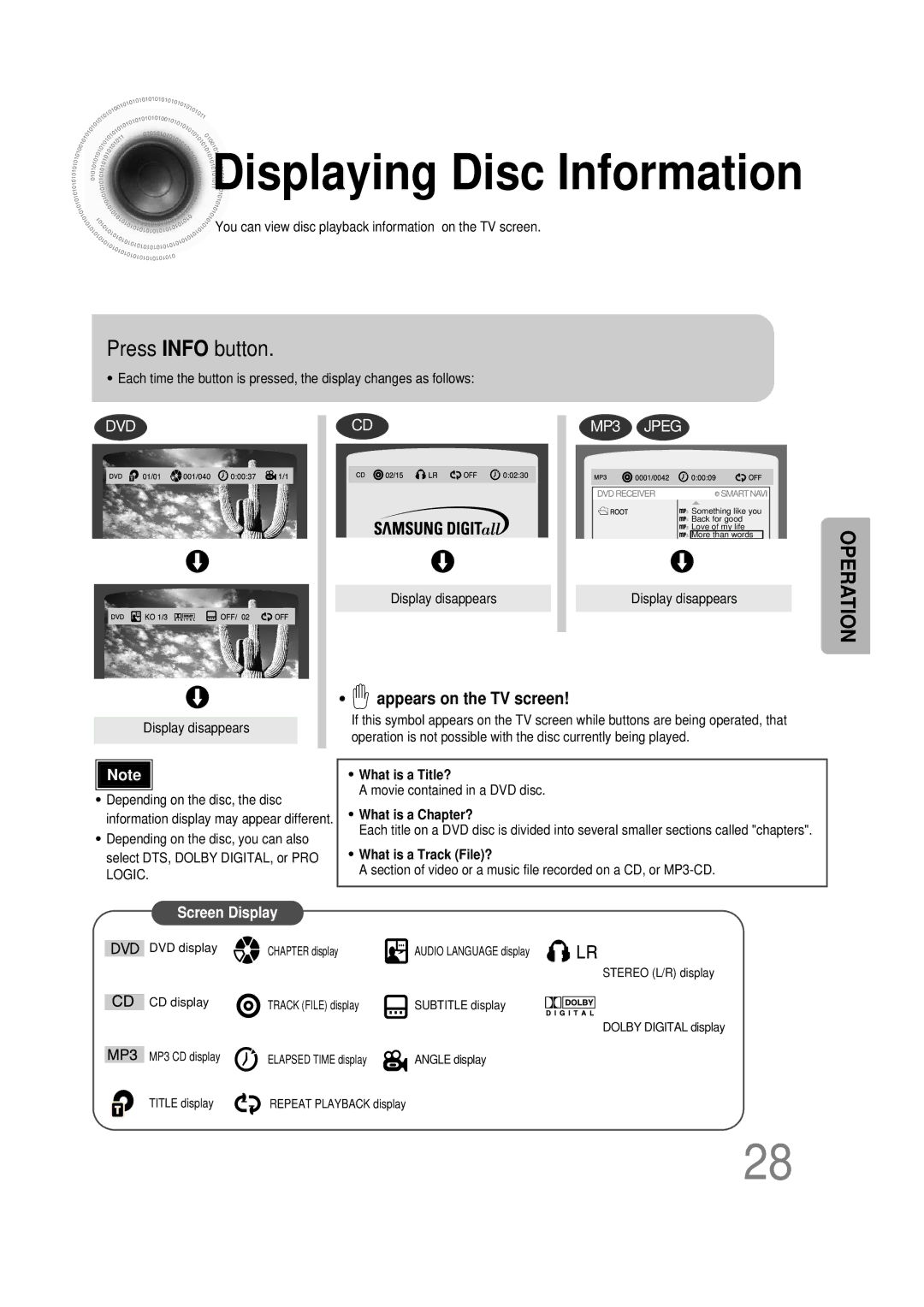 Samsung HT-DB390 instruction manual Displaying Disc Information, Press Info button, Appears on the TV screen 