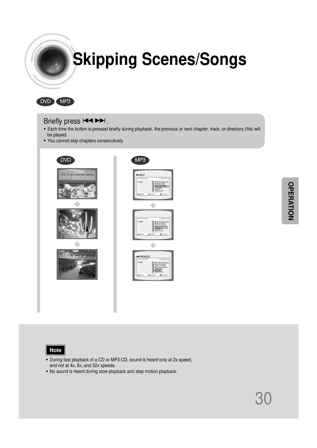 Samsung HT-DB390 instruction manual Skipping Scenes/Songs, Briefly press 