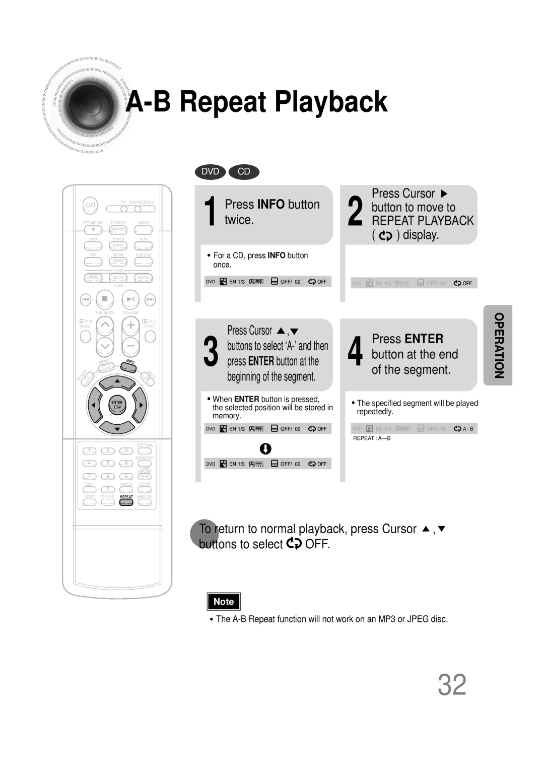 Samsung HT-DB390 instruction manual Press Info button twice, Press Cursor, Press Enter 