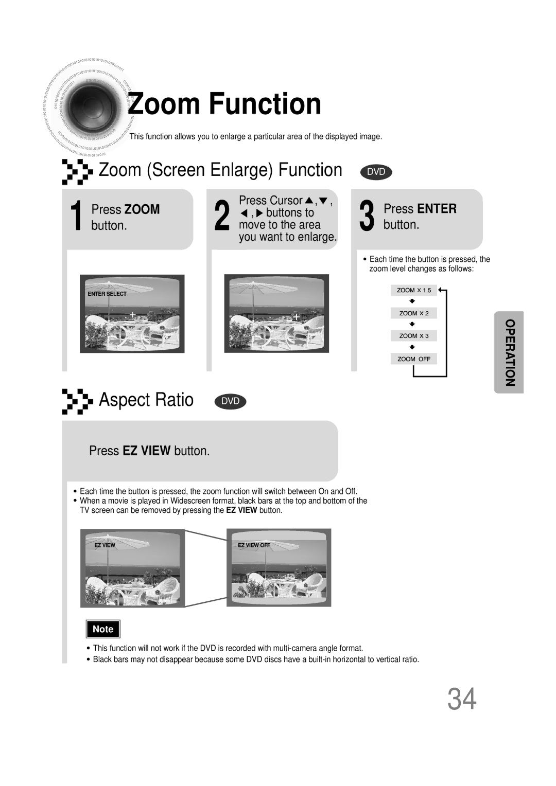 Samsung HT-DB390 instruction manual Zoom Function, Press Zoom, Button, Press EZ View button 