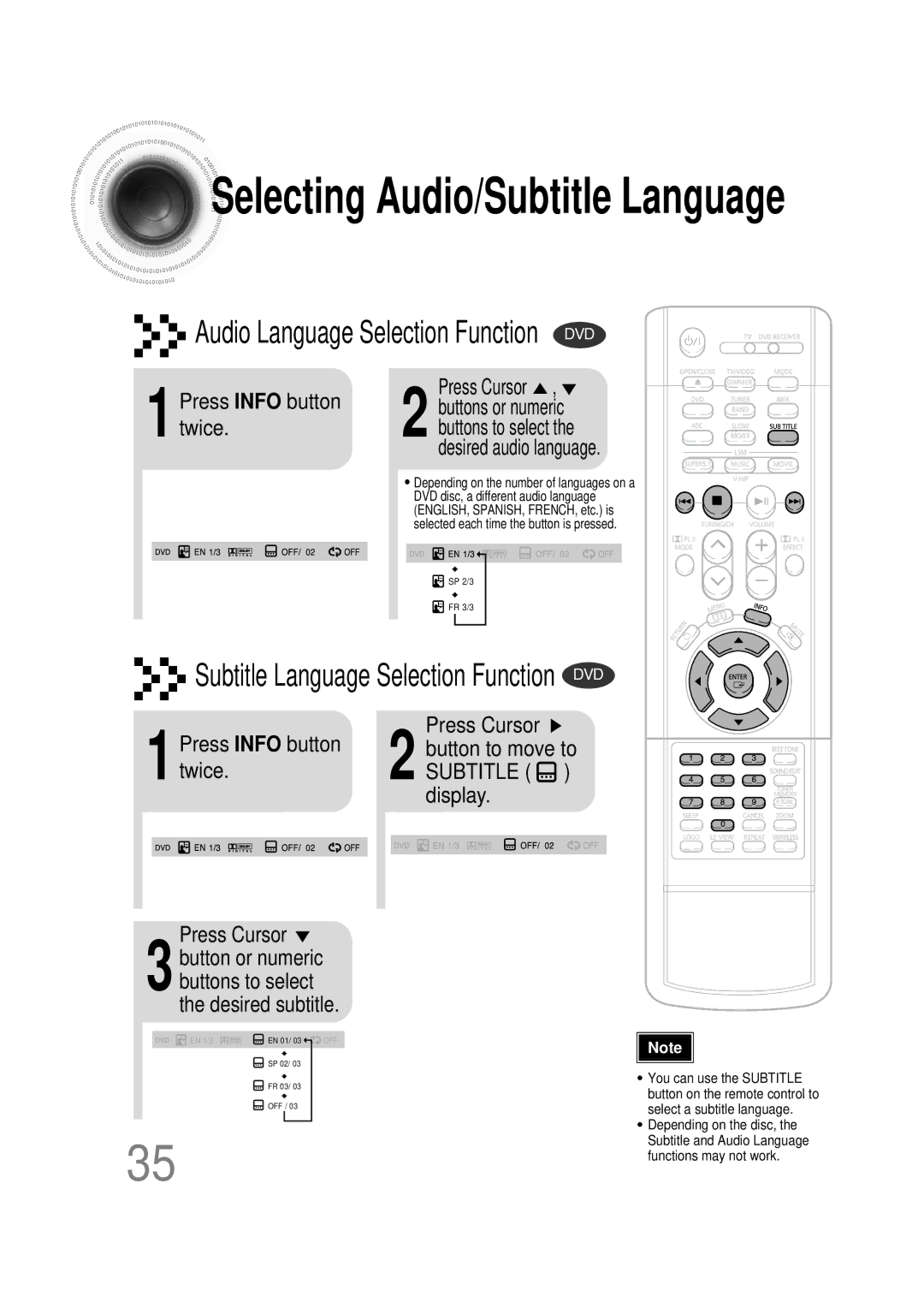 Samsung HT-DB390 instruction manual Selecting Audio/Subtitle Language, 1Press Info button twice 