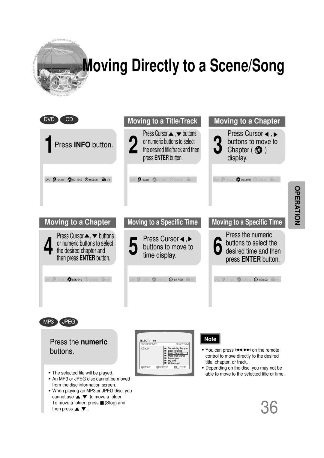 Samsung HT-DB390 1Press Info button, Press Cursor , buttons, Time display, Chapter display, Press the numeric 