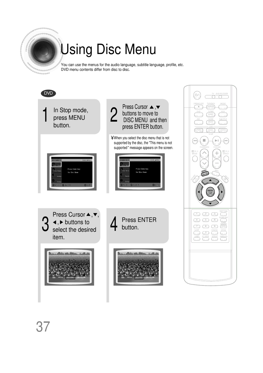 Samsung HT-DB390 instruction manual Using Disc Menu, Press Cursor Buttons to Press Enter 