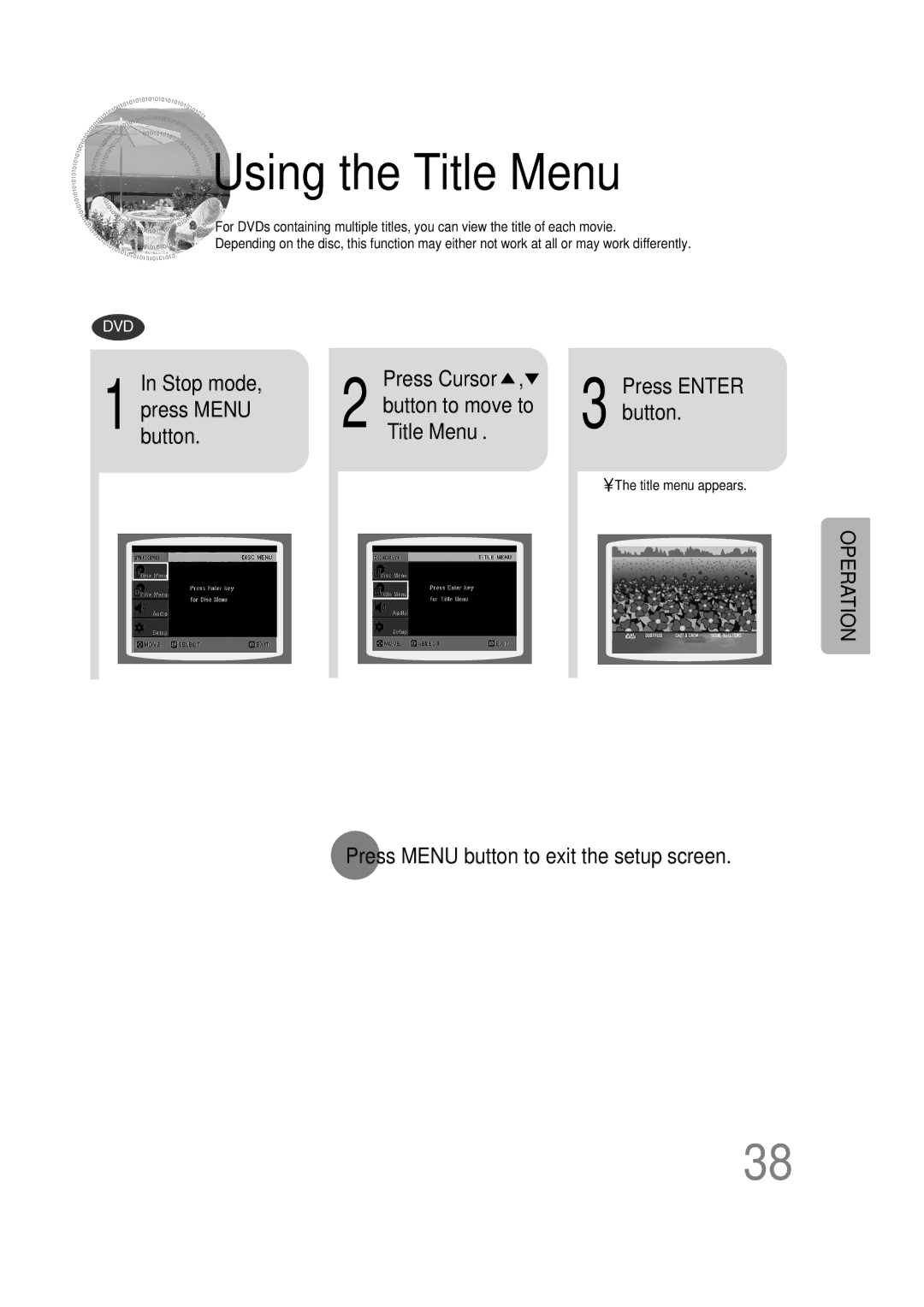 Samsung HT-DB390 instruction manual Using the Title Menu, Stop mode, Press Menu Button to move to ‘Title Menu’ 