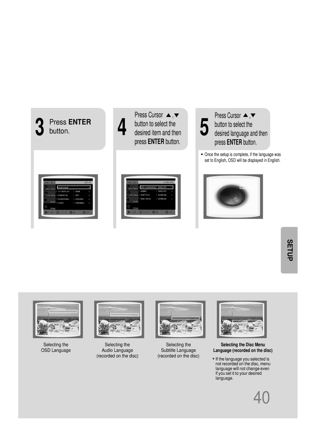 Samsung HT-DB390 instruction manual Press Enter Press Cursor, Press Enter button 