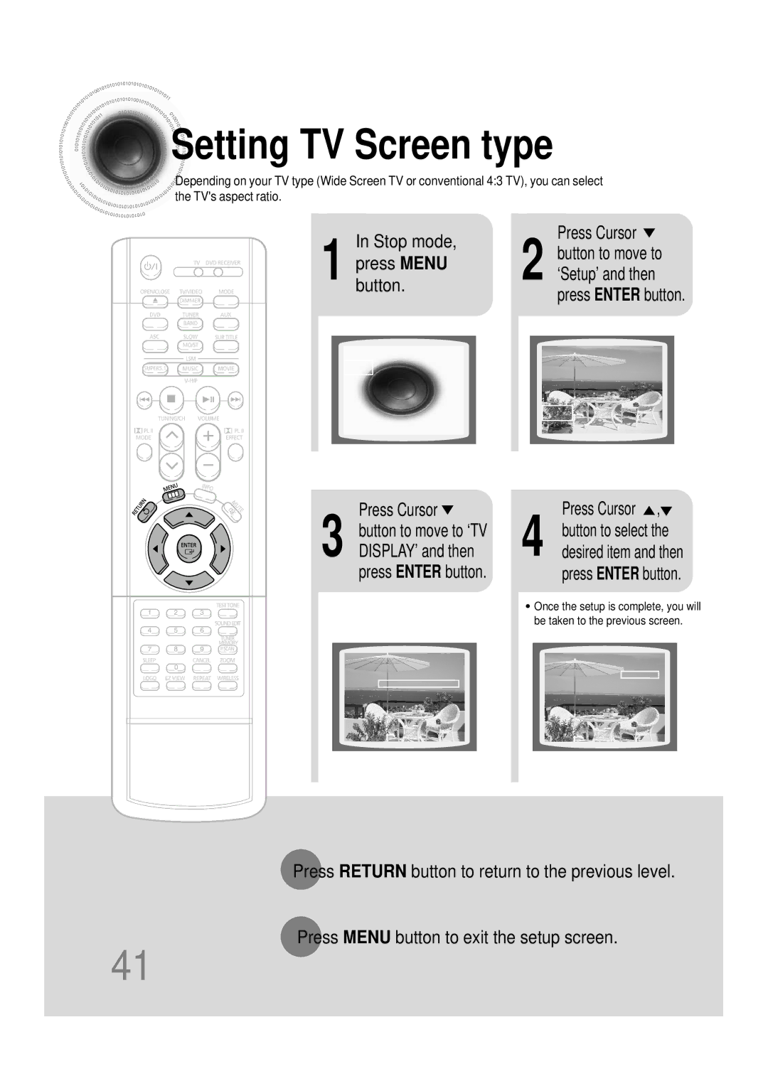 Samsung HT-DB390 instruction manual Setting TV Screen type, Press Menu button 