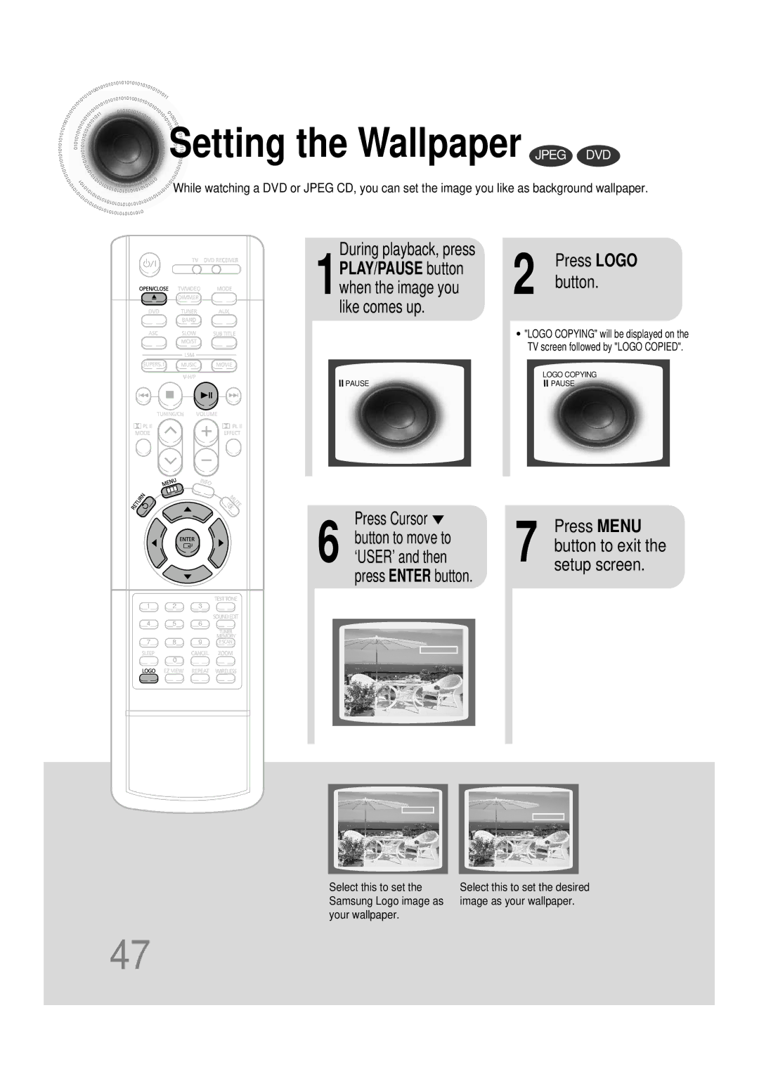 Samsung HT-DB390 instruction manual Setting the Wallpaper Jpeg DVD, During playback, press 
