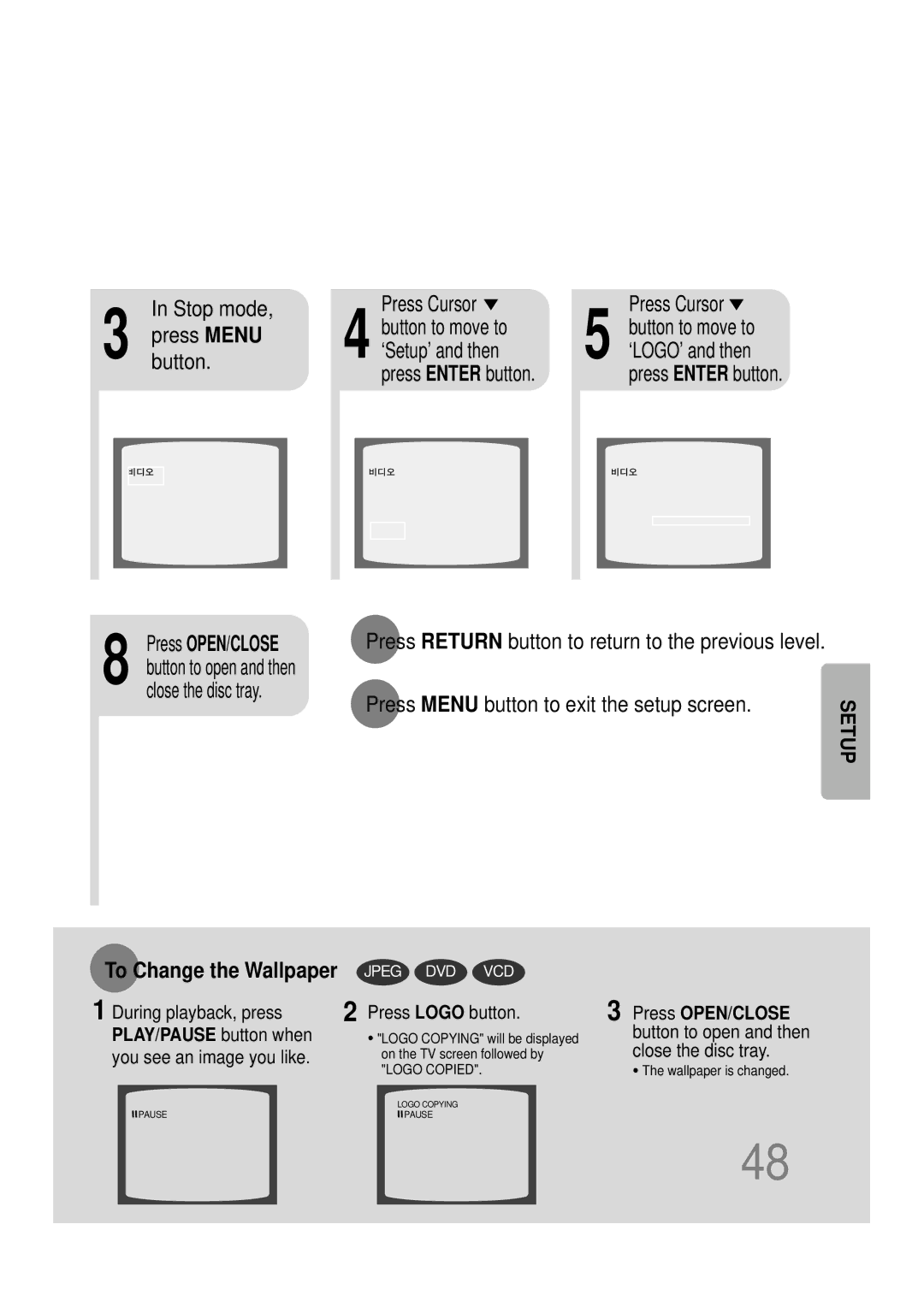 Samsung HT-DB390 instruction manual Stop mode Press Cursor Press Menu Button to move to, ‘Setup’ and then 