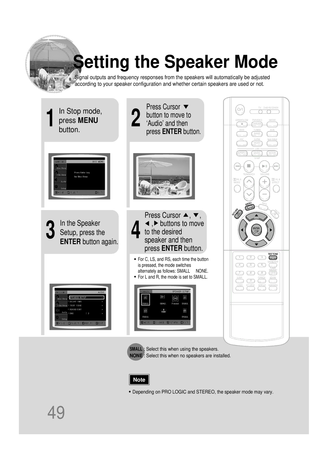 Samsung HT-DB390 instruction manual Setting the Speaker Mode, Press Enter button Press Cursor 