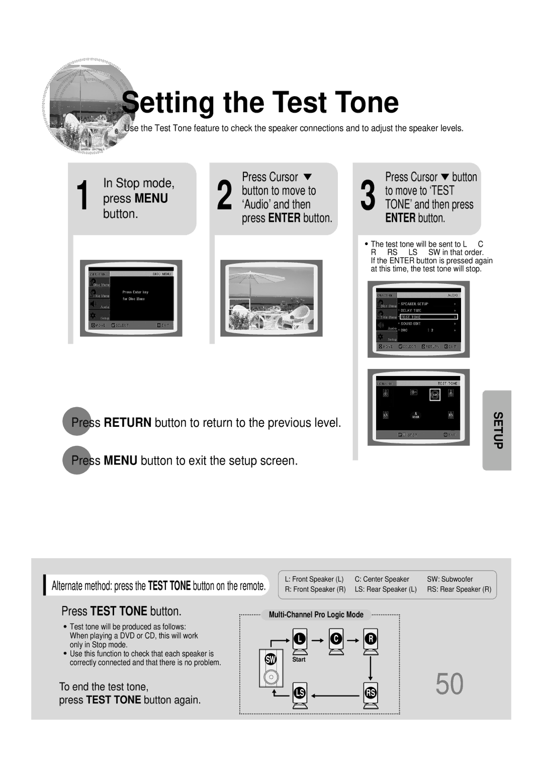 Samsung HT-DB390 instruction manual Setting the Test Tone, Press Menu ‘Audio’ and then, Press Test Tone button 
