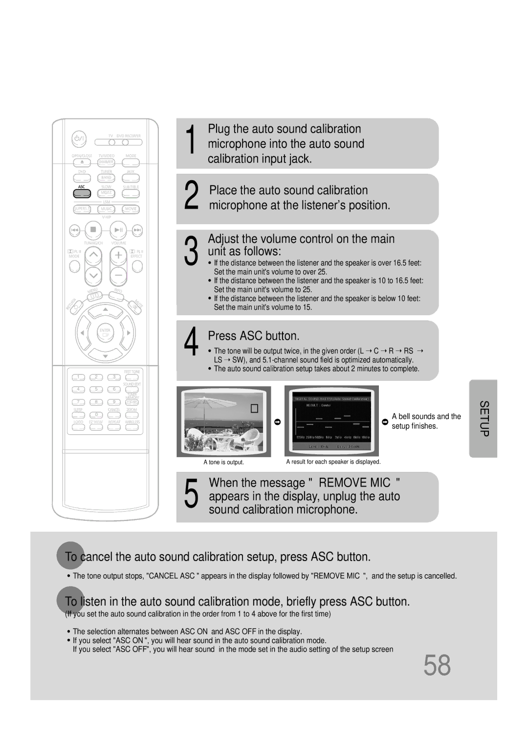 Samsung HT-DB390 Plug the auto sound calibration, Adjust the volume control on the main Unit as follows, Press ASC button 