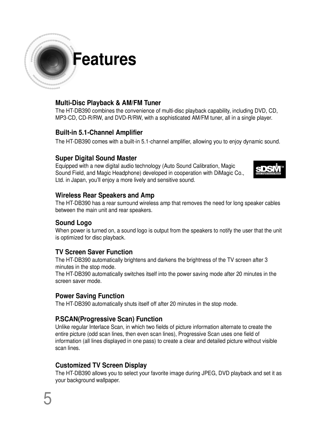 Samsung HT-DB390 instruction manual Features, Multi-Disc Playback & AM/FM Tuner 