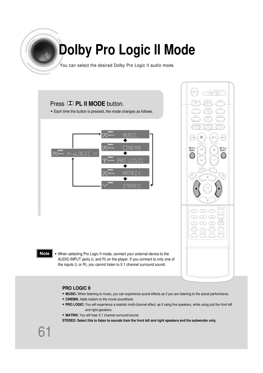 Samsung HT-DB390 instruction manual Dolby Pro Logic II Mode, Press PL II Mode button 