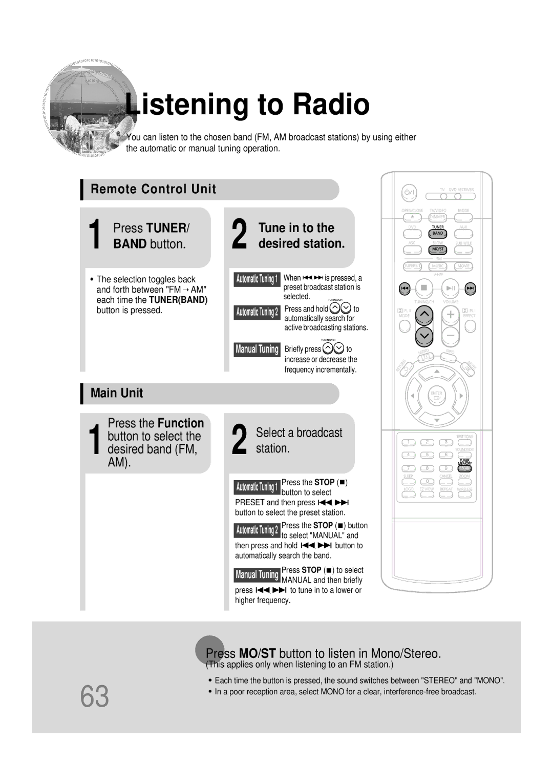 Samsung HT-DB390 instruction manual Listening to Radio, Remote Control Unit Press Tuner, Band button, Main Unit 